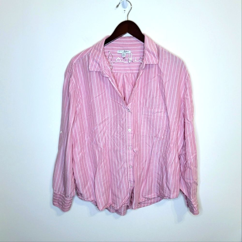 Jachs Girlfriend Pink Striped Button Up Roll Tab Sleeve Top Size XXL